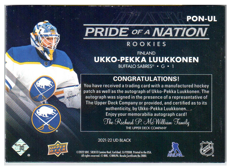 2021/22 Pride of a Nation Ukko-Pekka Luukkonen #PON-UL 45/99