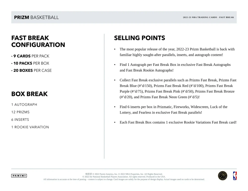 2022/23 Panini Prizm Basketball Fast Break